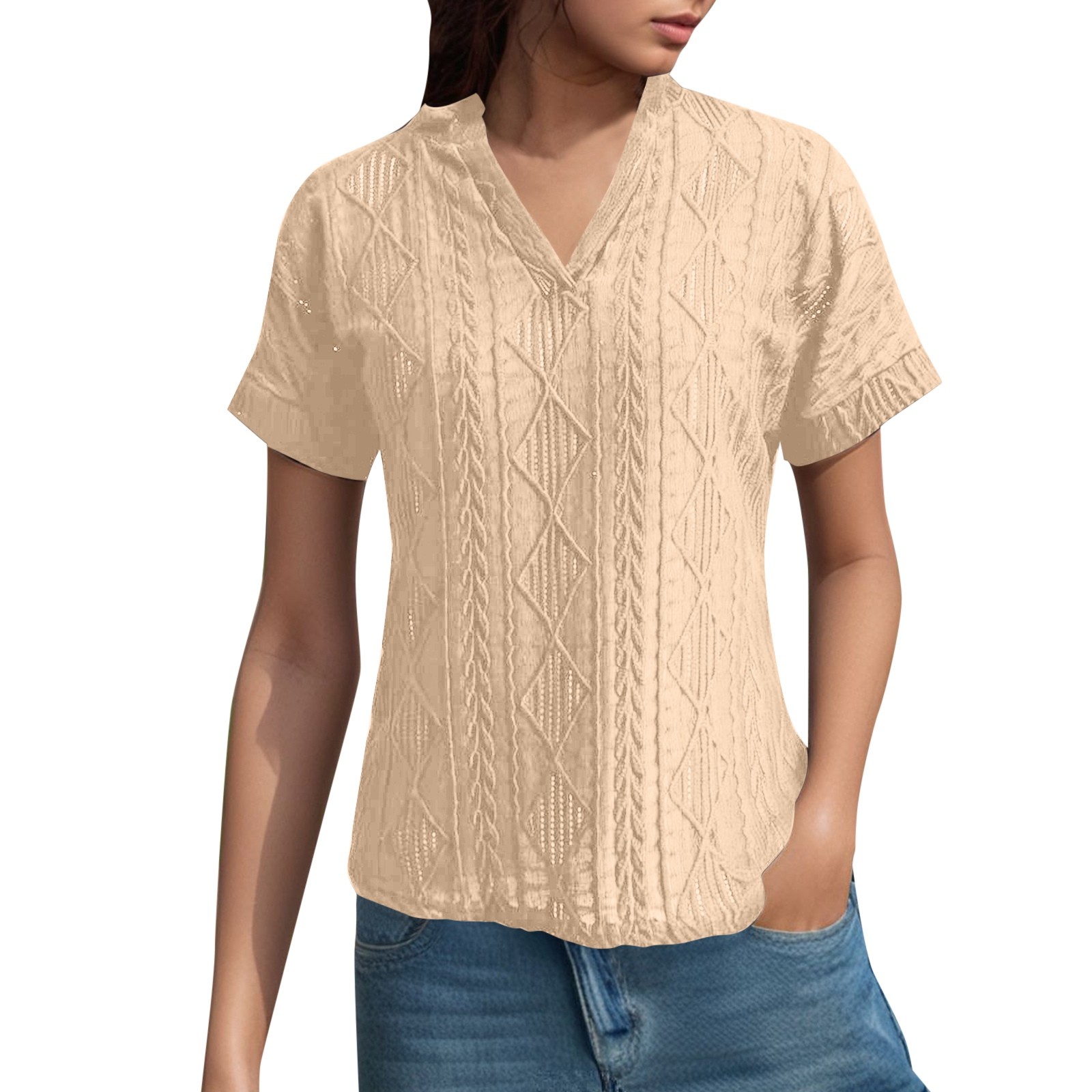 Camisa de punto jacquard holgada con cuello en V para mujer: manga corta, detalle de cordones, informal de verano, fácil de cuidar